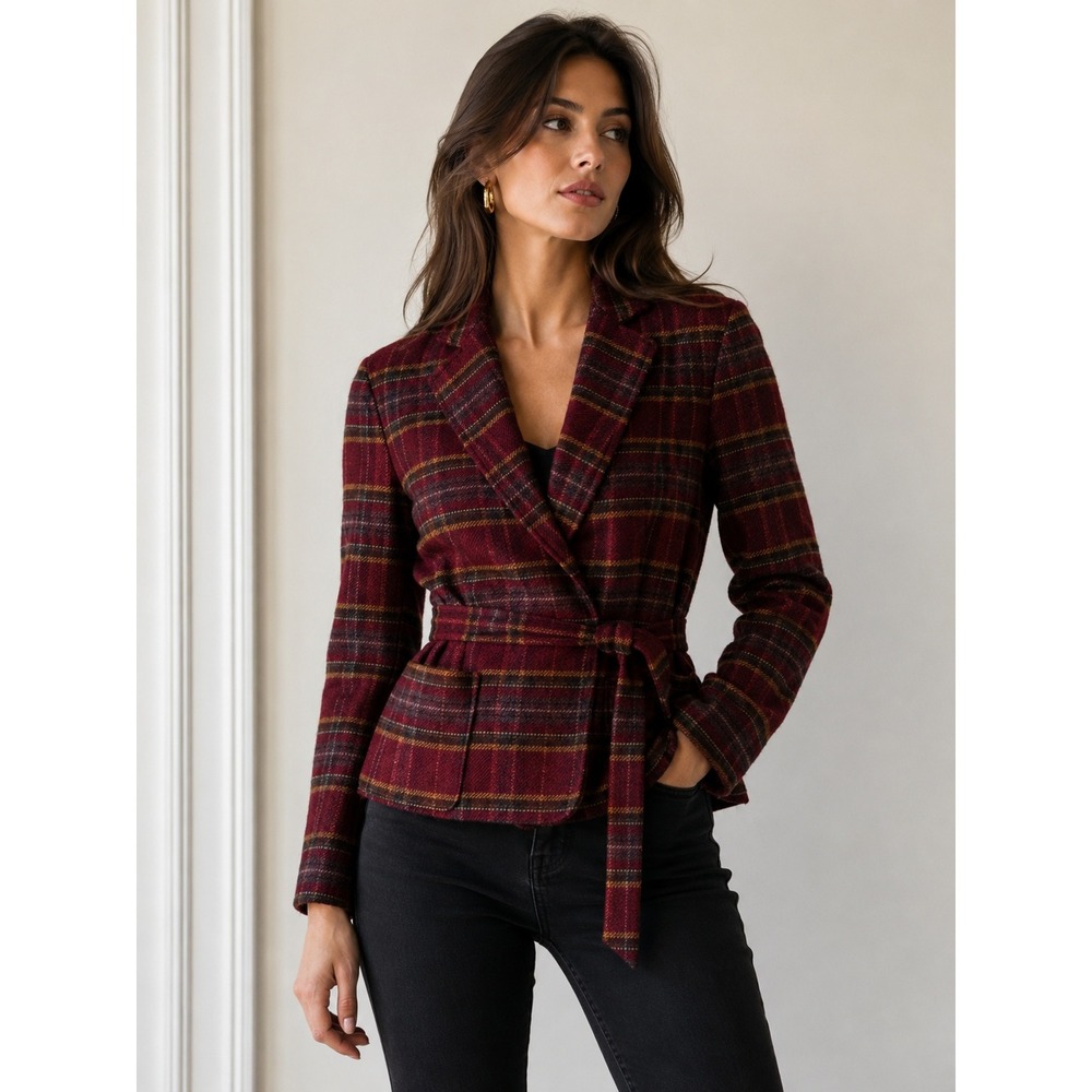Wool Plaid Wrap Blazer BCBG Max Azria Burgundy Belted Jacket Small
